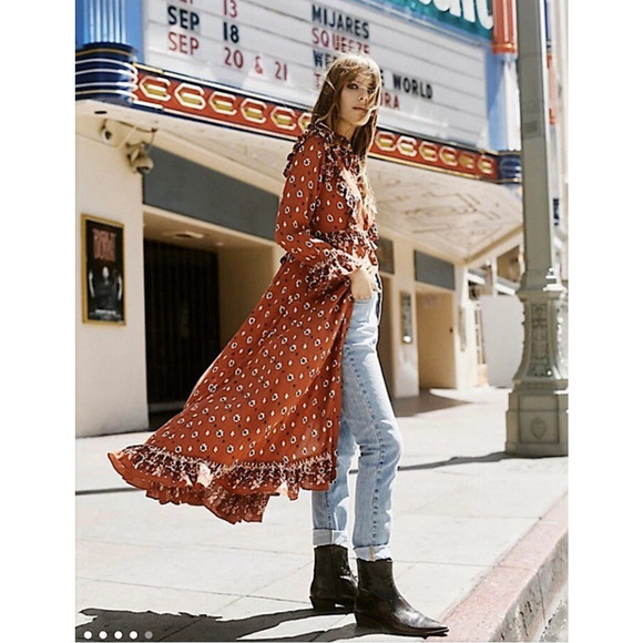 Free People Calico Skies Midi Dress Ruffle Button Boho Cottagecore Western Large - Picture 16 of 16